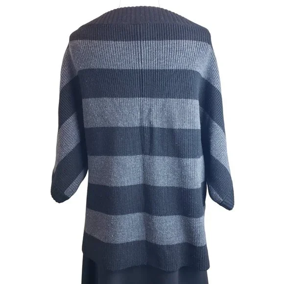 Tory Burch Heavy Warm 100% Wool Oversize Sweater Black Gray Wide Stripe M